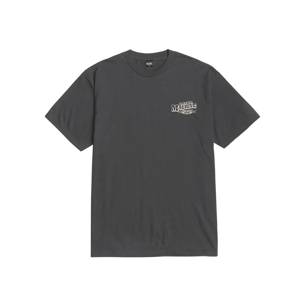 Black t-shirt with a small logo on a white background