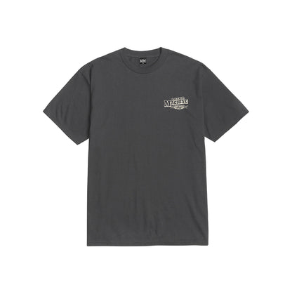 Black t-shirt with a small logo on a white background