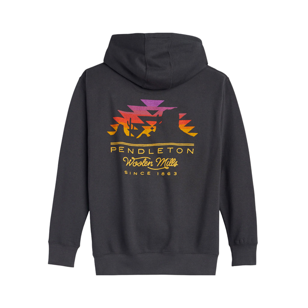 Black hoodie with colorful design and 'Pendleton Woolen Mills' text on the back against a white background