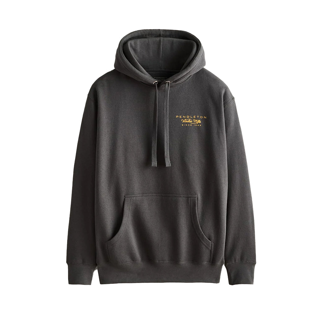 Dark gray hoodie with a brand logo on a white background