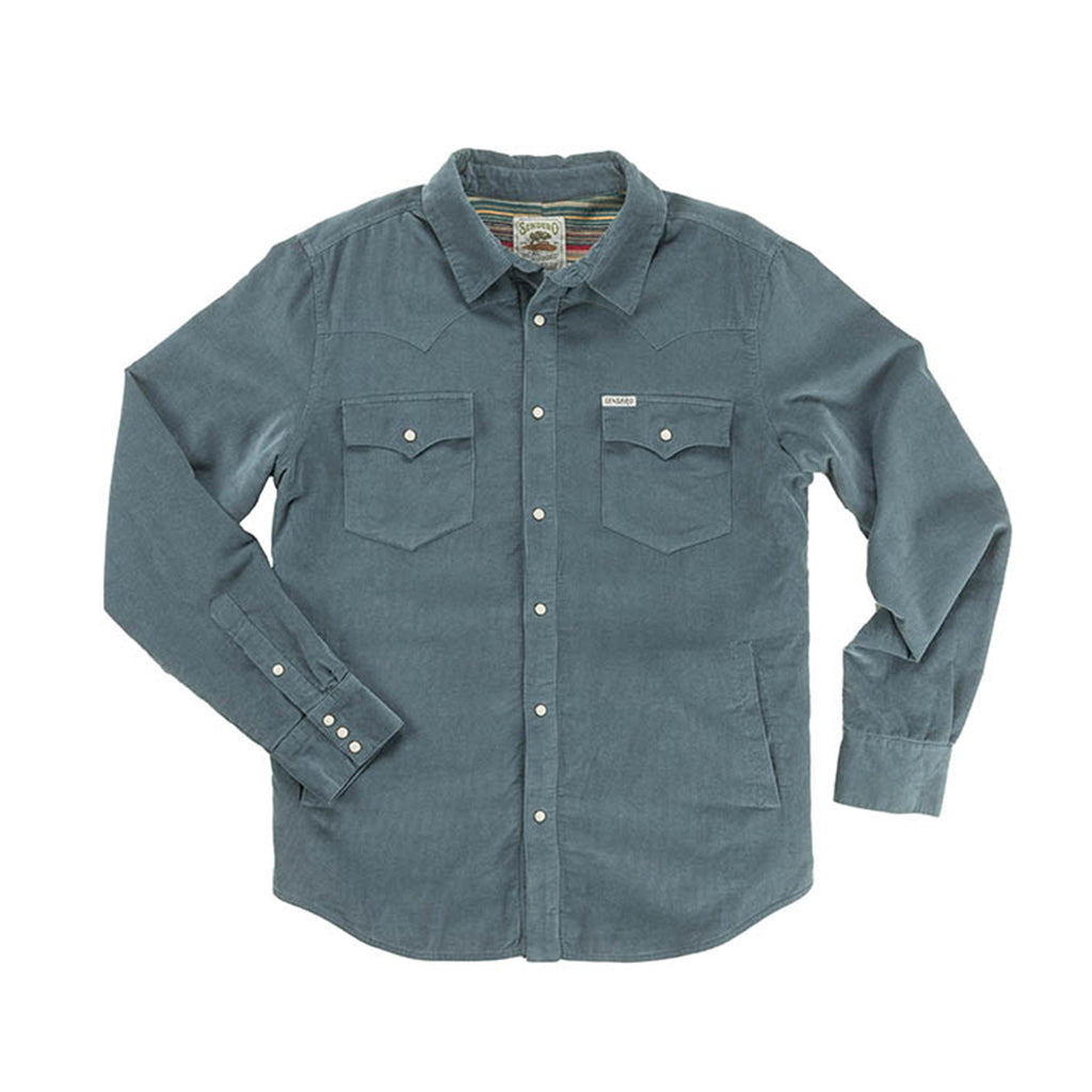 Blue button-up shirt with two chest pockets on a white background