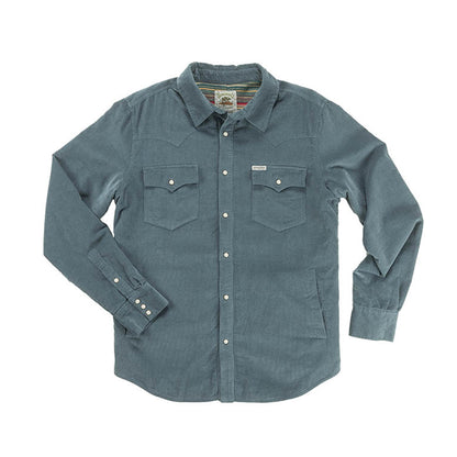 Blue button-up shirt with two chest pockets on a white background