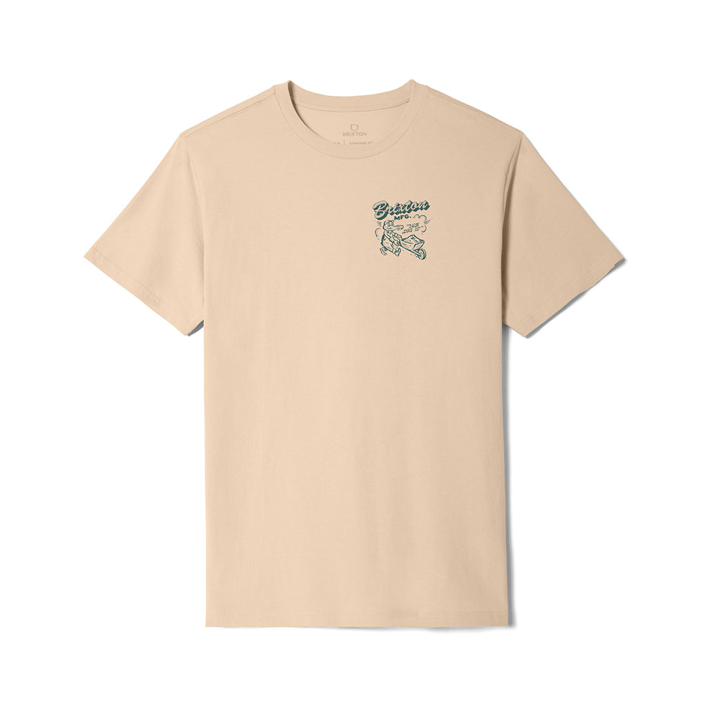 cream t-shirt with Brixton graphic design on a white background