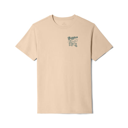 cream t-shirt with Brixton graphic design on a white background