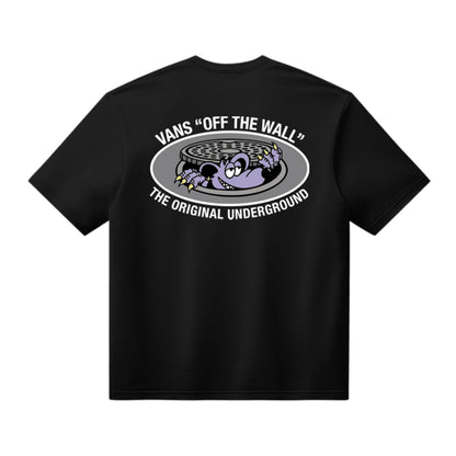 Black t-shirt with Vans 'Off The Wall' graphic on a white background