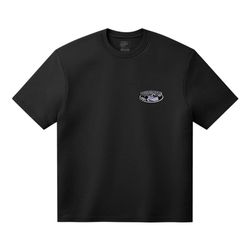 Black t-shirt with a small logo on the chest against a white background