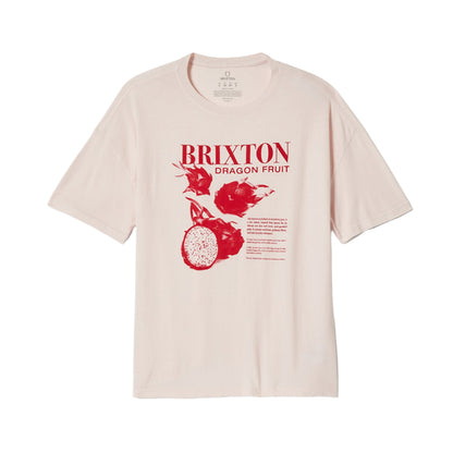 Beige t-shirt with red 'Brixton Dragon Fruit' graphic on a white background