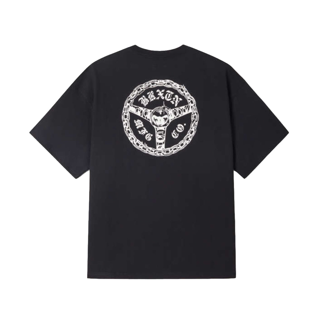 Black t-shirt with white graphic design on the back against a white background