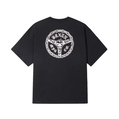 Black t-shirt with white graphic design on the back against a white background