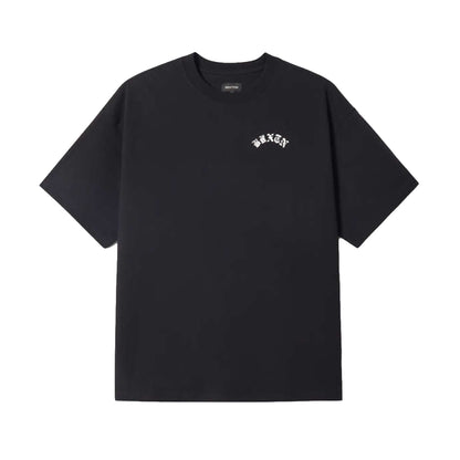 Black t-shirt with a logo on the chest against a white background