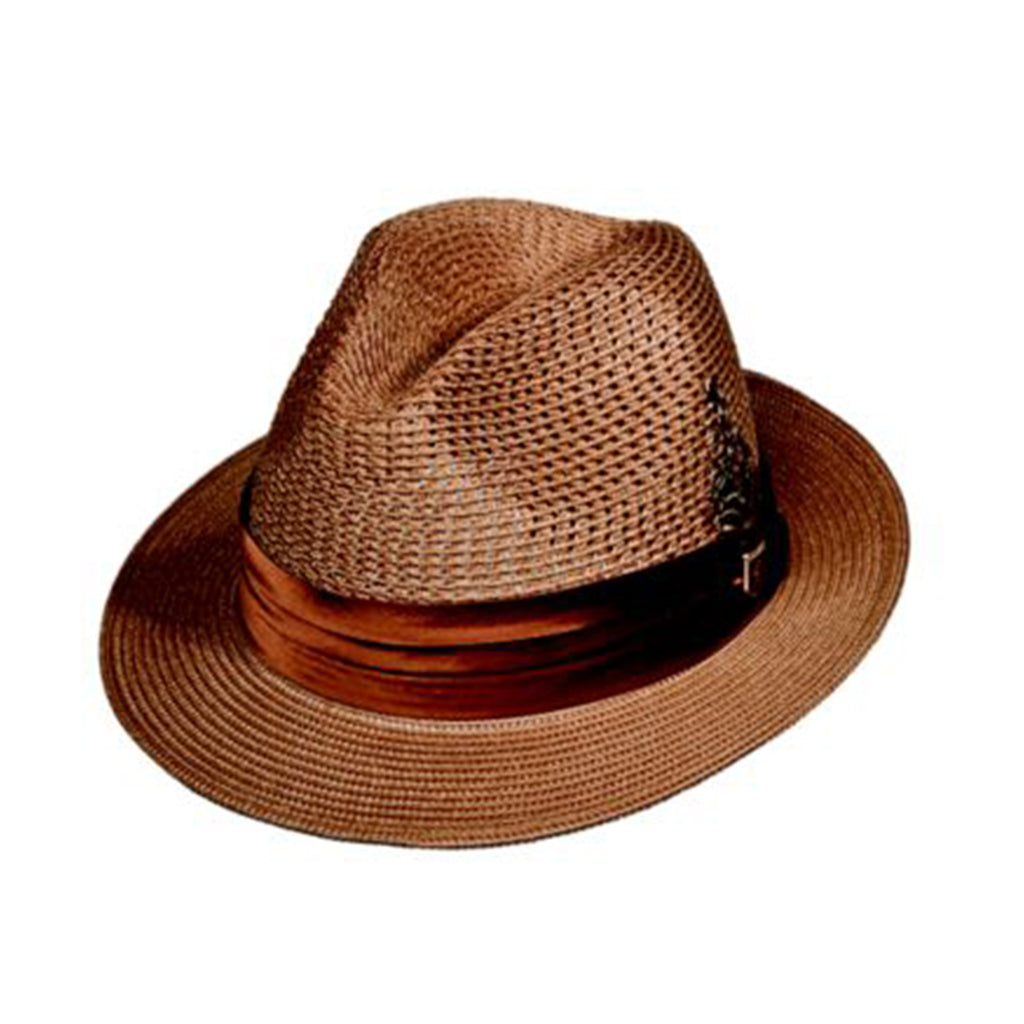 Brown straw hat with a black band on a white background