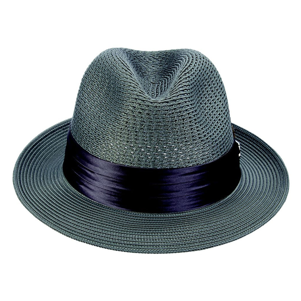 Gray straw hat with a black band on a white background