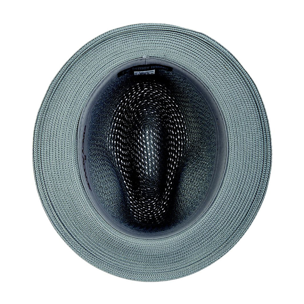 Close-up of a gray straw hat with a textured interior on a white background