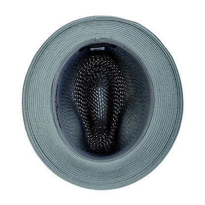 Close-up of a gray straw hat with a textured interior on a white background