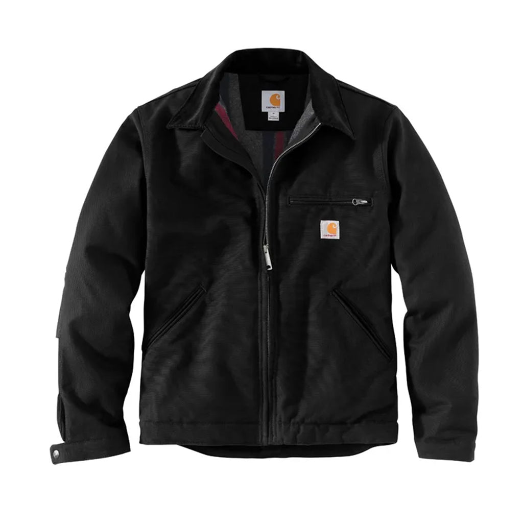 Black jacket with a brand logo on a white background
