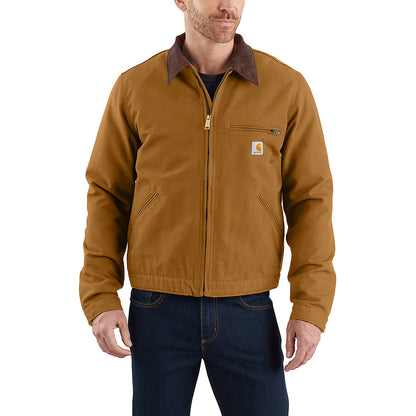 Man wearing a brown jacket with a visible brand logo on a white background