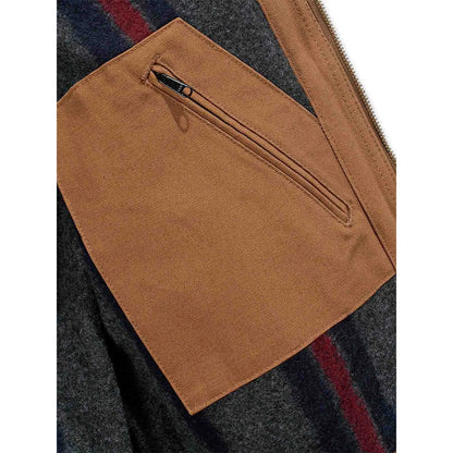 Close-up of a brown pocket on a plaid fabric background