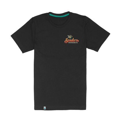Black t-shirt with a logo on a white background