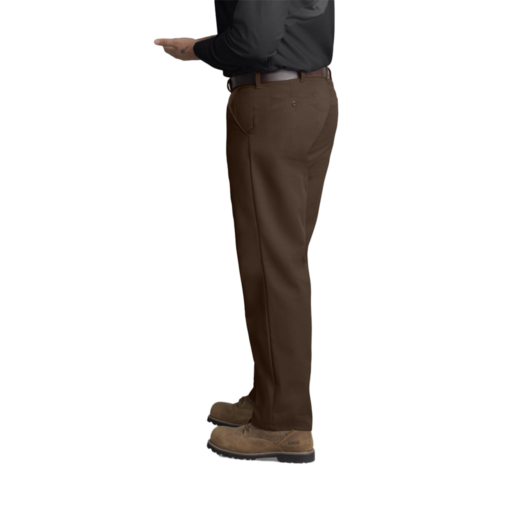 Brown pants worn by a person on a white background