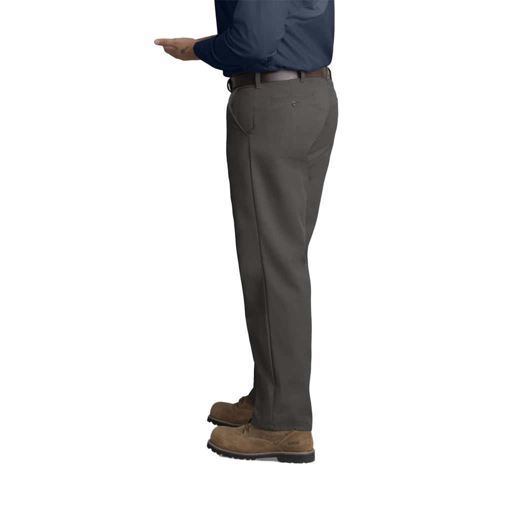 Person wearing gray pants and brown shoes on a white background