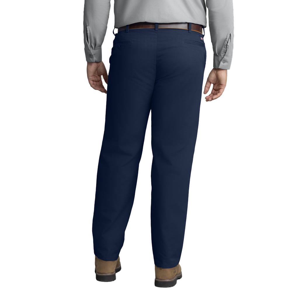 Navy blue pants worn by a person on a white background