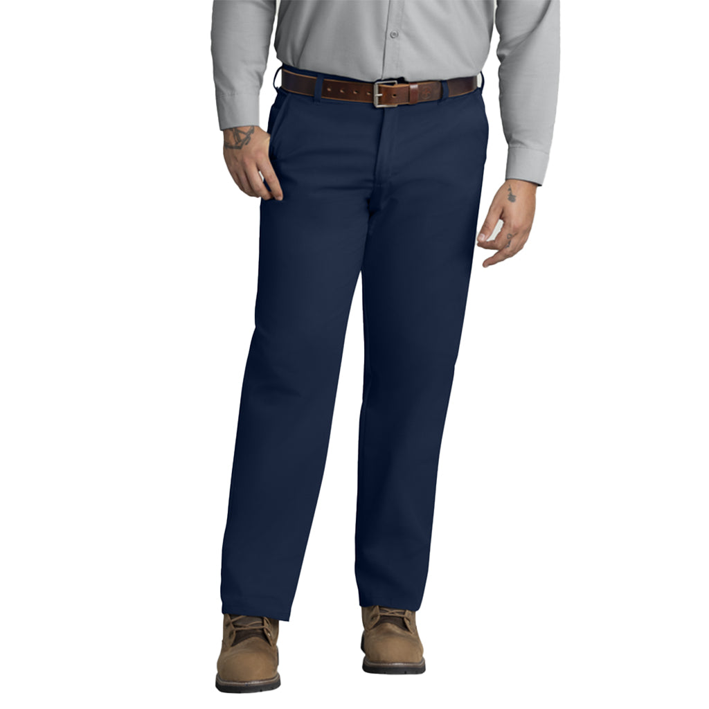 Navy pants worn by a person on a white background