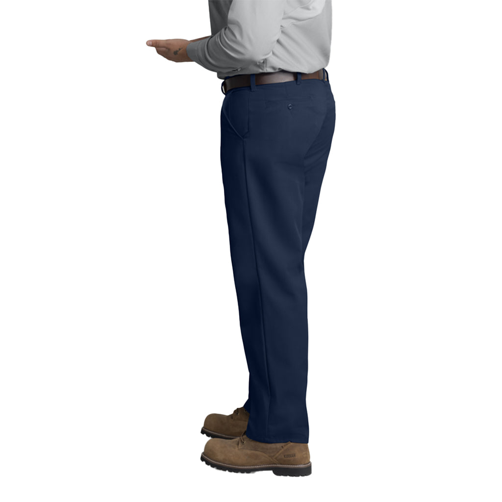 Navy pants worn by a person on a white background