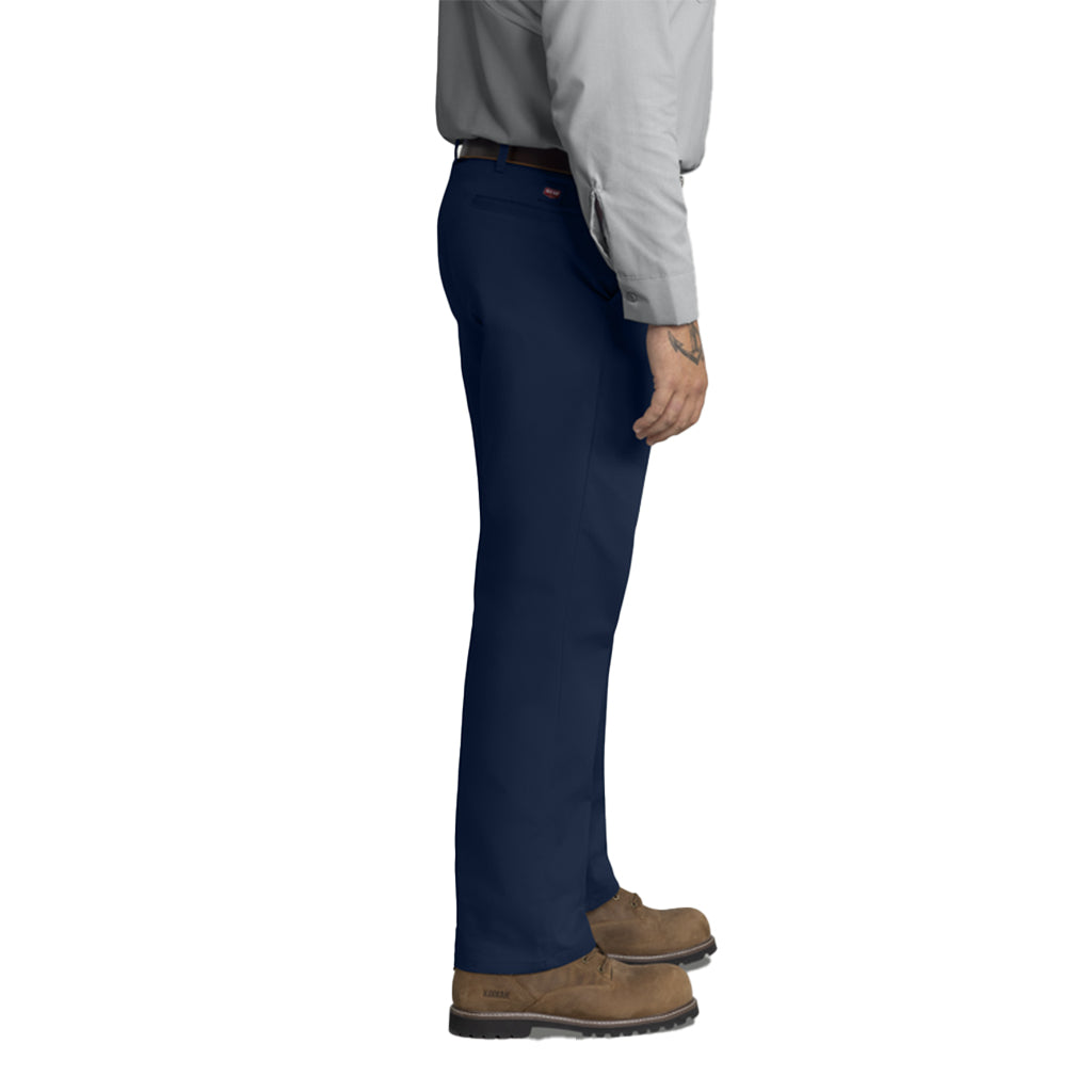 Person wearing navy pants on a white background