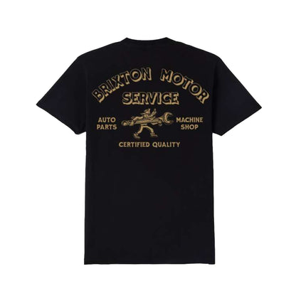 Black t-shirt with gold text and graphics on a white background