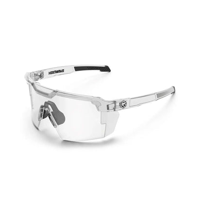 Clear safety glasses with a brand logo on a white background