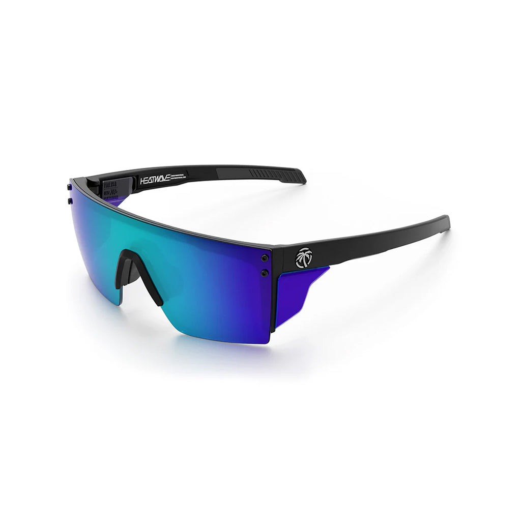 Sunglasses with black frame and blue gradient lenses on a white background