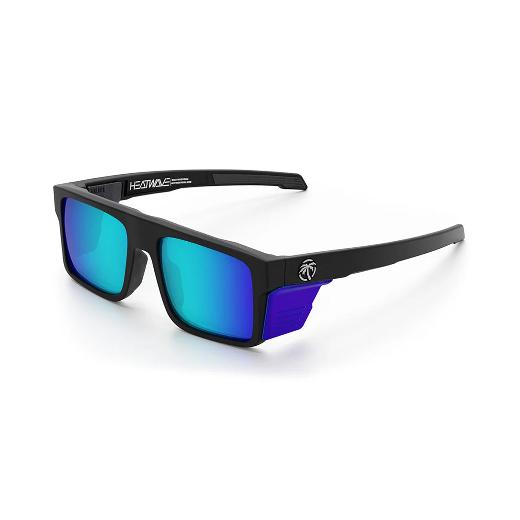 Sunglasses with black frame and blue-tinted lenses on a white background