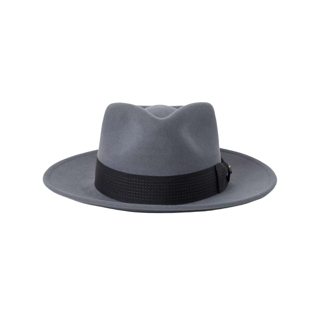 Gray fedora hat with a black band on a white background