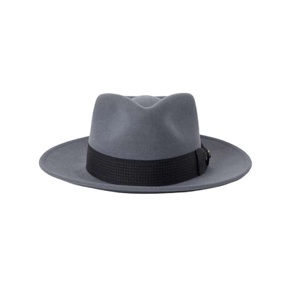 Gray fedora hat with a black band on a white background