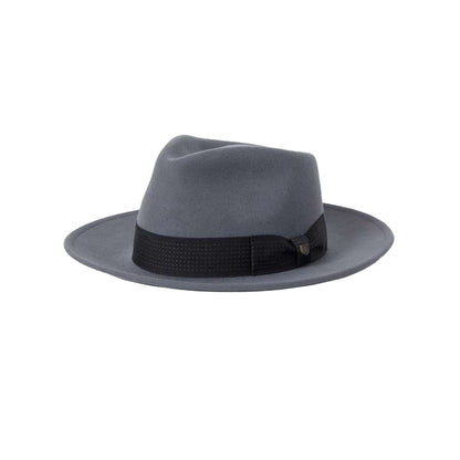 Gray fedora hat with a black band on a white background