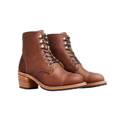 Pair of brown leather boots with a white background