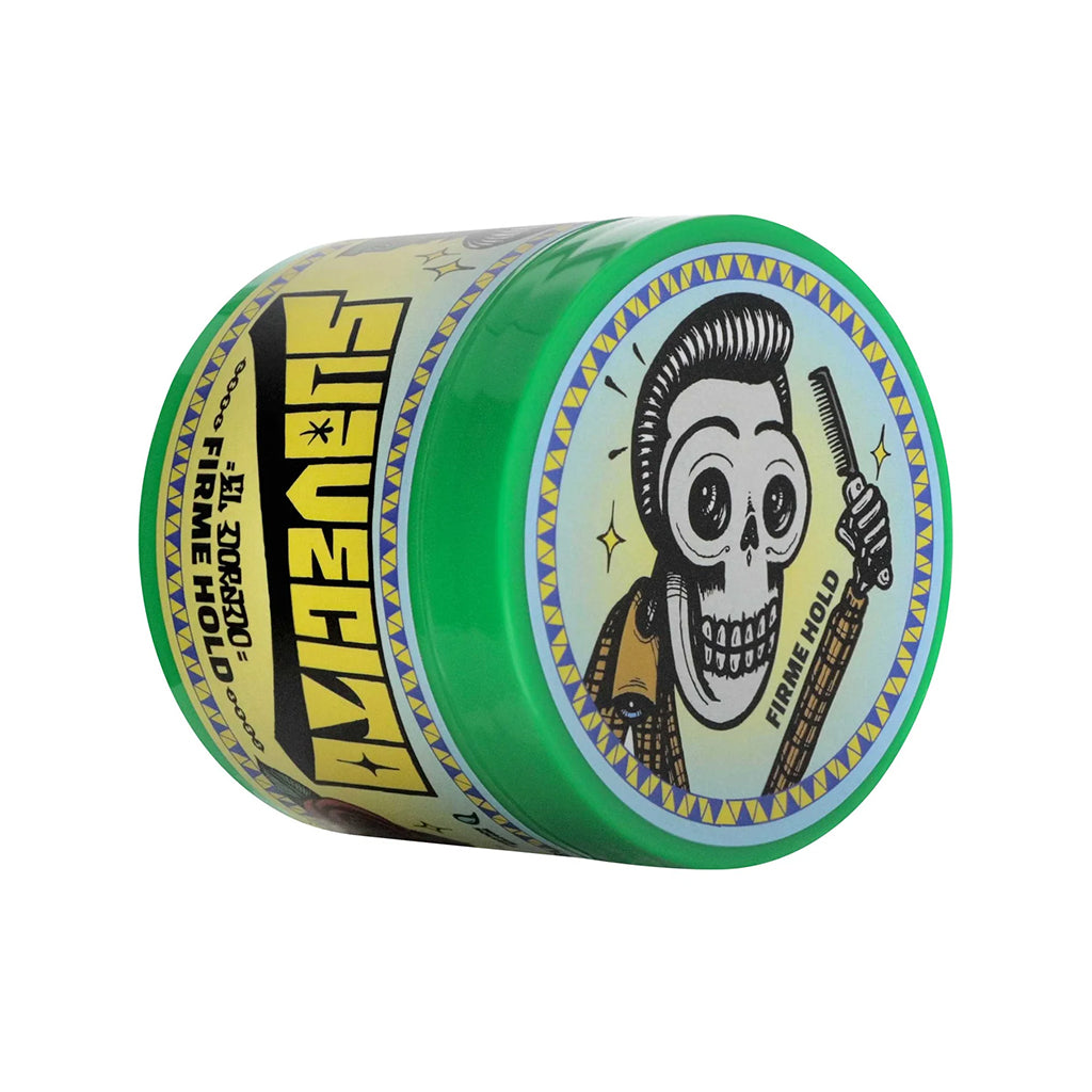 Skull-themed hair product jar with green lid on a white background