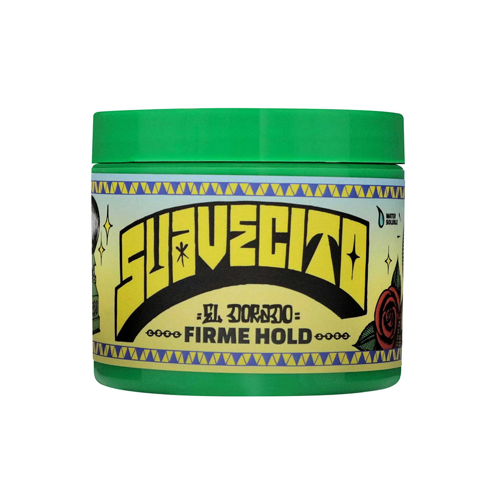 Suavecito hair product jar with green lid and colorful label on a white background