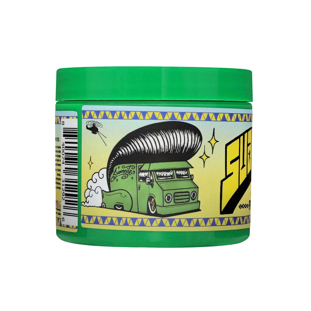 Green jar with a colorful label featuring a graphic of a truck and text on a white background
