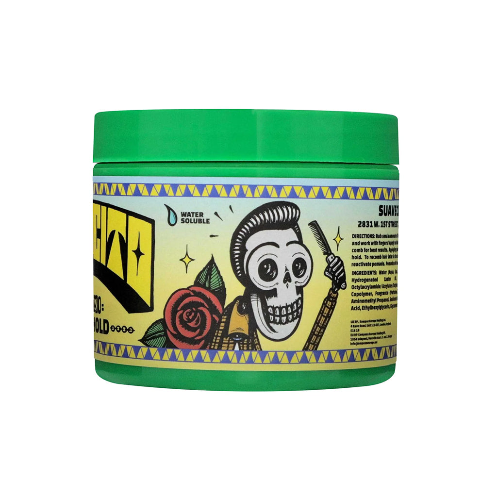 Container with green lid and colorful label featuring a skull and roses on a white background
