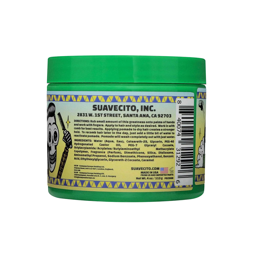 Green jar with Suavecito Inc. label on a white background