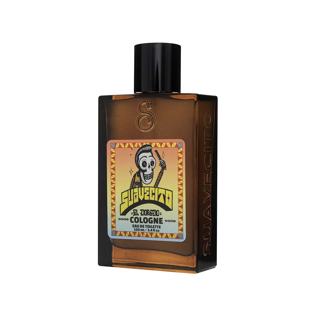 Brown cologne bottle with a colorful label featuring a skeleton on a white background