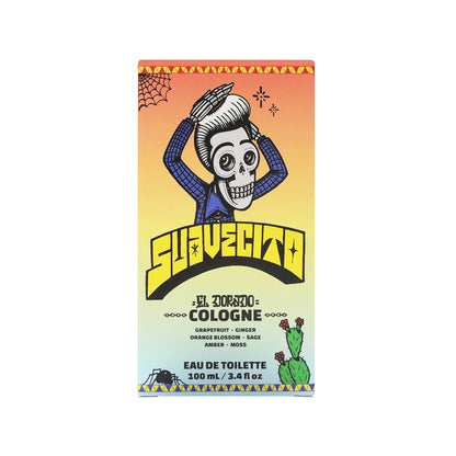 Cologne bottle packaging with a skeleton design on an orange and yellow gradient background