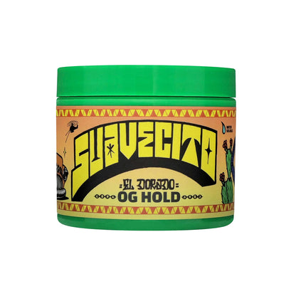 Green and yellow container with 'Suavecito' branding on a white background