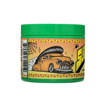 Green jar with a colorful label featuring a car illustration on a white background