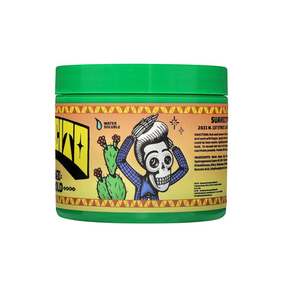 Container with a colorful label featuring a skeleton and cactus design on a white background