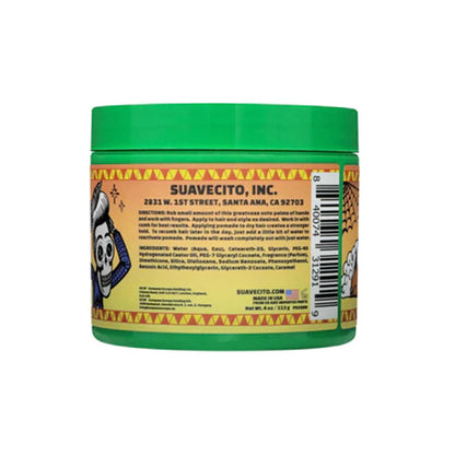 Green jar with colorful label featuring Suavecito branding on a white background