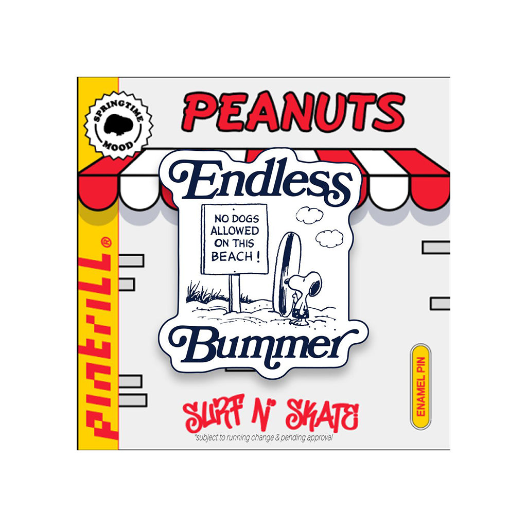 Peanuts-themed enamel pin packaging with 'Endless Bummer' branding on a white background.