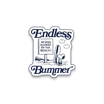 'Endless Bummer' pin text and beach scene design on a white background