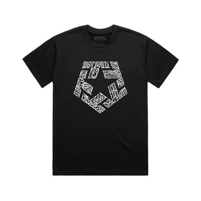Black t-shirt with a white geometric design on a white background